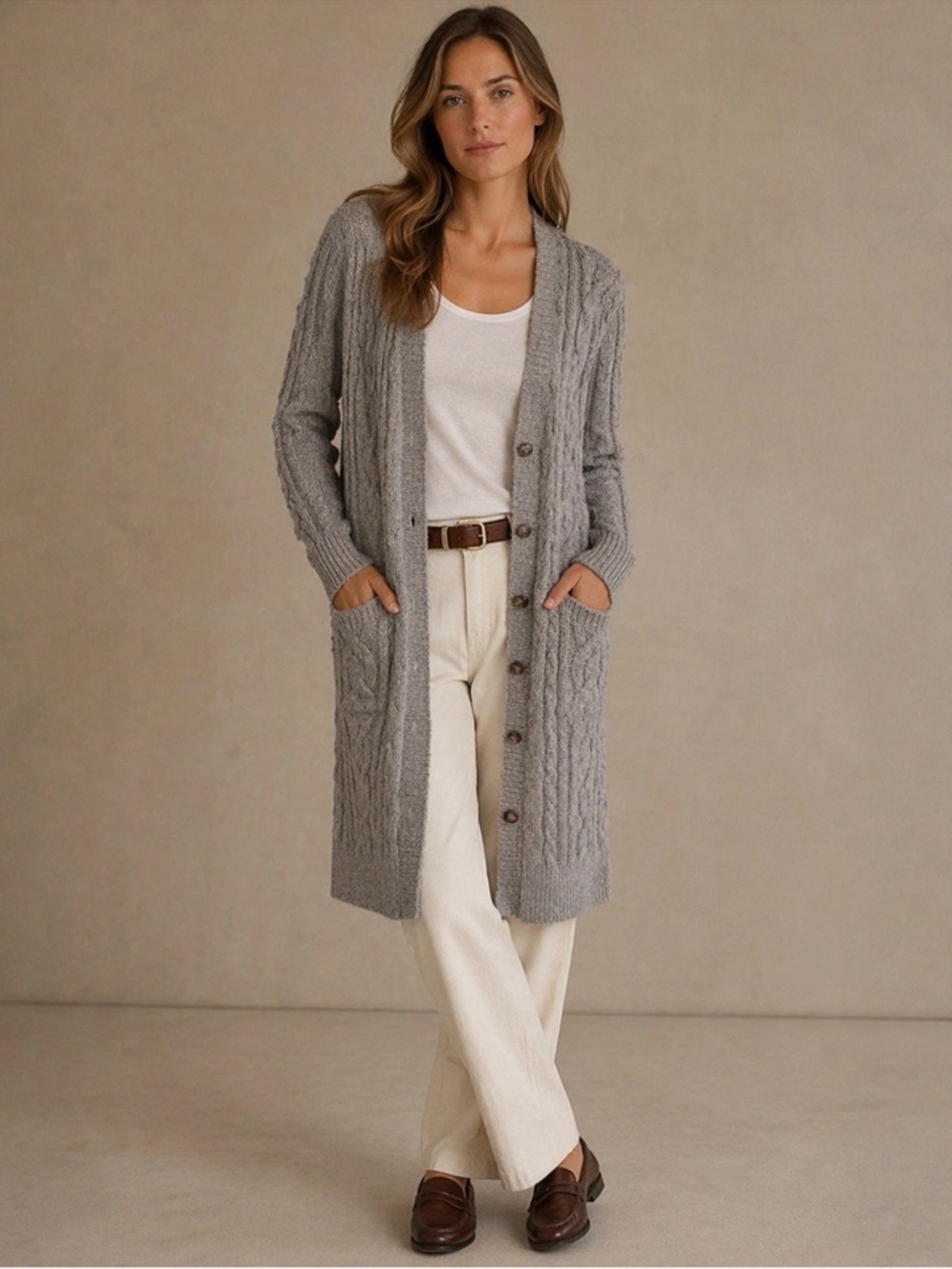 Lauren Ralph Lauren Gray Alpaca Wool Cable Knit Cardigan Sweater M